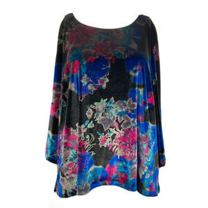 Badgley‎ Mischka American Glamour Shirt Womens Sz 1X Black Blue Floral Velvet